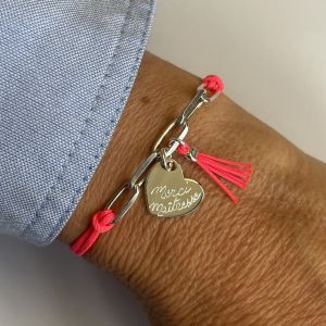 Bracelet  maillons rectangle, coeur et pompon