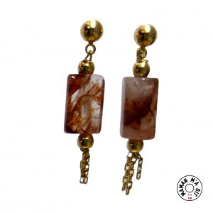 Boucles d'oreilles pierre  quartz hématoïde et pompon chaine