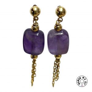 Boucles d'oreilles pierre  amethyste et pompon chaine